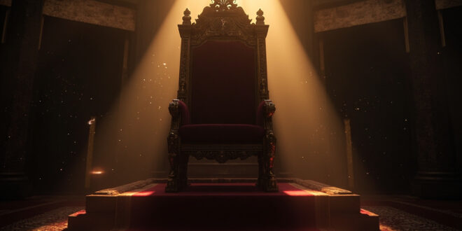 Empty ornate throne with official seal sits abandoned in a darkened government chamber at dusk, bathed in burgundy and gold light.