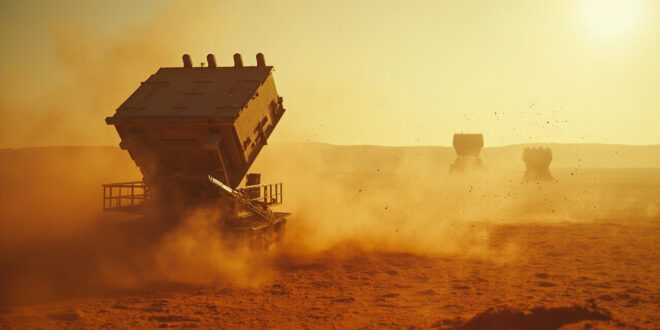 Abandoned military base with empty missile launch pad under attack in deserted desert compound