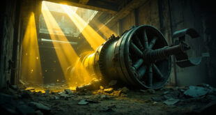 Destroyed underground nuclear facility with damaged centrifuge equipment and broken infrastructure at dawn