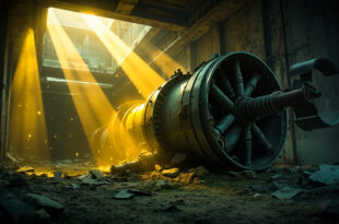Destroyed underground nuclear facility with damaged centrifuge equipment and broken infrastructure at dawn