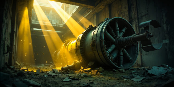 Destroyed underground nuclear facility with damaged centrifuge equipment and broken infrastructure at dawn