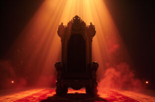Empty ornate throne awaiting succession in abandoned government chamber at twilight, bathed in crimson and gold light