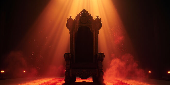 Empty ornate throne awaiting succession in abandoned government chamber at twilight, bathed in crimson and gold light