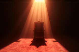 Ornate empty throne sits abandoned in darkened government chamber with dramatic crimson and gold lighting and shadows