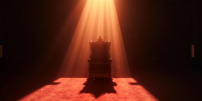 Ornate empty throne sits abandoned in darkened government chamber with dramatic crimson and gold lighting and shadows