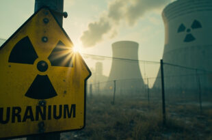 Abandoned nuclear facility at dawn with prominent radiation warning signs and empty cooling towers silhouetted against early light