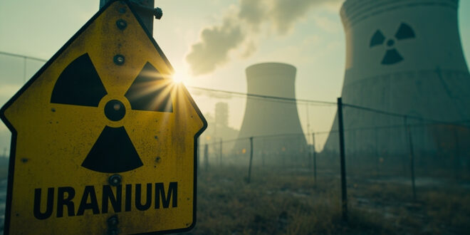 Abandoned nuclear facility at dawn with prominent radiation warning signs and empty cooling towers silhouetted against early light