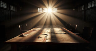 Abandoned negotiation table with unopened peace documents in empty military war room at dawn, bathed in steel gray and red light