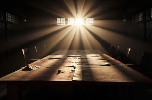 Abandoned negotiation table with unopened peace documents in empty military war room at dawn, bathed in steel gray and red light
