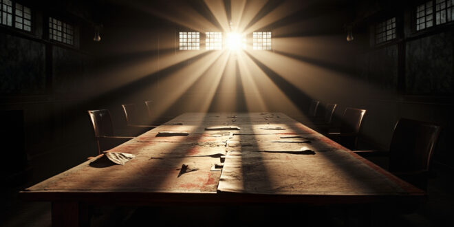 Abandoned negotiation table with unopened peace documents in empty military war room at dawn, bathed in steel gray and red light