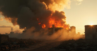 Smoke rising from damaged concrete nuclear facility structure in deserted industrial complex at dawn