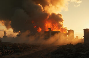 Smoke rising from damaged concrete nuclear facility structure in deserted industrial complex at dawn