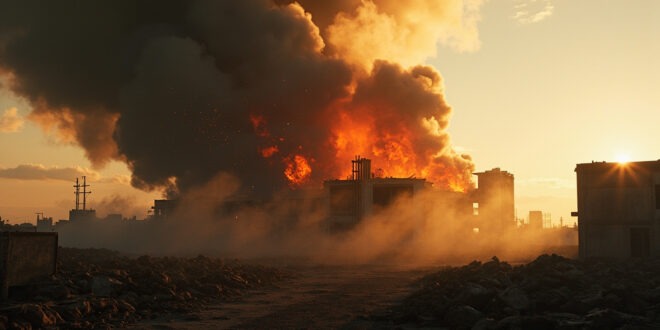 Smoke rising from damaged concrete nuclear facility structure in deserted industrial complex at dawn
