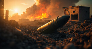 Unexploded missile warhead in rubble near impact crater amid war-torn urban landscape at dawn with damaged military bunker