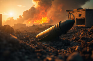 Unexploded missile warhead in rubble near impact crater amid war-torn urban landscape at dawn with damaged military bunker