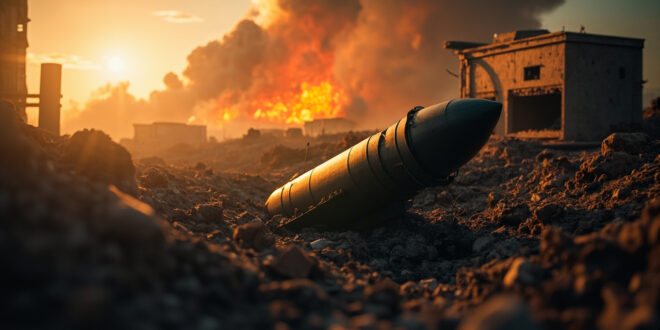 Unexploded missile warhead in rubble near impact crater amid war-torn urban landscape at dawn with damaged military bunker