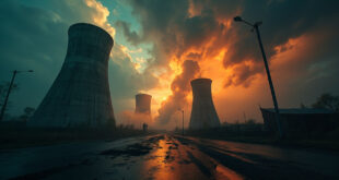 Abandoned nuclear cooling towers silhouetted against an orange-gray stormy sky at dusk in an empty industrial complex