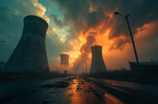 Abandoned nuclear cooling towers silhouetted against an orange-gray stormy sky at dusk in an empty industrial complex