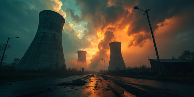 Abandoned nuclear cooling towers silhouetted against an orange-gray stormy sky at dusk in an empty industrial complex