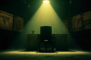 Abandoned military headquarters at night showing empty command chair and vacant general's desk with maps and insignia