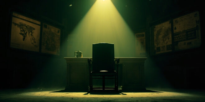 Abandoned military headquarters at night showing empty command chair and vacant general's desk with maps and insignia