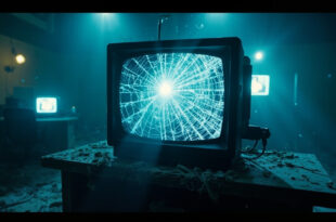 Abandoned television studio with damaged equipment and empty broadcasting desk, showing interrupted transmission on cracked screens