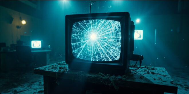 Abandoned television studio with damaged equipment and empty broadcasting desk, showing interrupted transmission on cracked screens