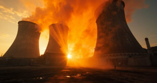 Damaged nuclear facility with orange smoke rising from cooling towers at dawn in abandoned complex