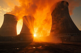 Damaged nuclear facility with orange smoke rising from cooling towers at dawn in abandoned complex