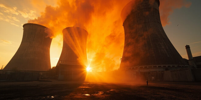 Damaged nuclear facility with orange smoke rising from cooling towers at dawn in abandoned complex