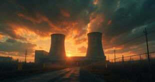 Abandoned nuclear facility with warning signs under threatening dawn skies, empty cooling towers in steel gray and orange light