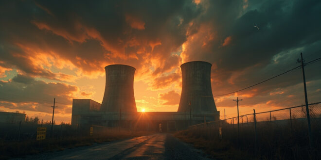 Abandoned nuclear facility with warning signs under threatening dawn skies, empty cooling towers in steel gray and orange light