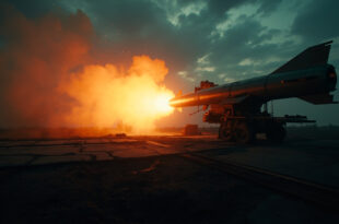 Empty ballistic missile launcher stands silently at dawn in abandoned military compound, steel gray against orange sky