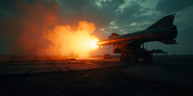 Empty ballistic missile launcher stands silently at dawn in abandoned military compound, steel gray against orange sky