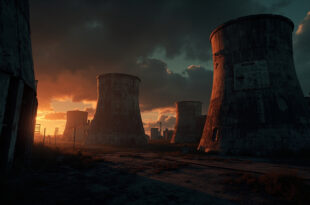 Abandoned nuclear cooling towers with warning symbols stand ominously at dawn in a derelict industrial complex