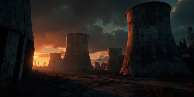 Abandoned nuclear cooling towers with warning symbols stand ominously at dawn in a derelict industrial complex