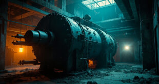 Abandoned nuclear centrifuge machinery standing idle in an empty underground research facility with blue-steel and orange warning tones