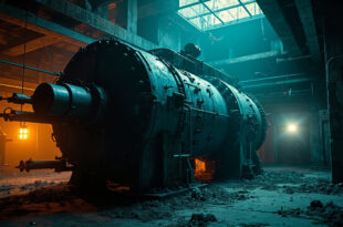 Abandoned nuclear centrifuge machinery standing idle in an empty underground research facility with blue-steel and orange warning tones