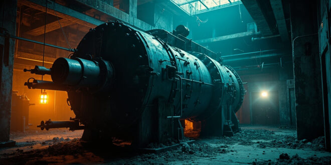 Abandoned nuclear centrifuge machinery standing idle in an empty underground research facility with blue-steel and orange warning tones
