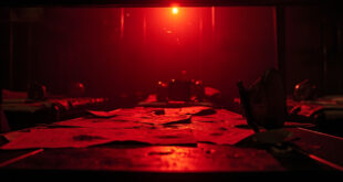 Abandoned military command center at night showing empty beds with military insignia and classified documents on desk