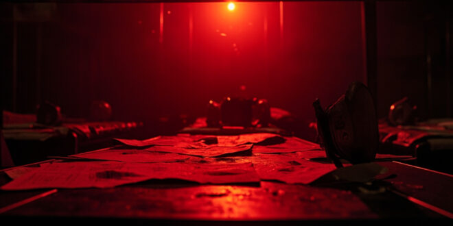 Abandoned military command center at night showing empty beds with military insignia and classified documents on desk