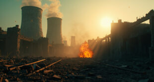 Smoking ruins of abandoned nuclear facility with damaged cooling towers in desolate industrial complex at dawn