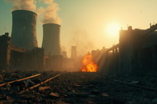 Smoking ruins of abandoned nuclear facility with damaged cooling towers in desolate industrial complex at dawn