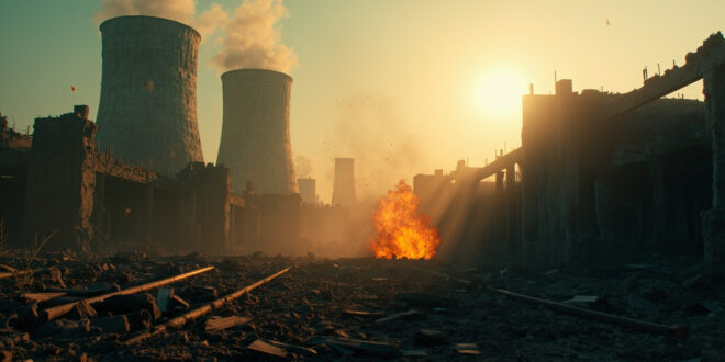 Smoking ruins of abandoned nuclear facility with damaged cooling towers in desolate industrial complex at dawn