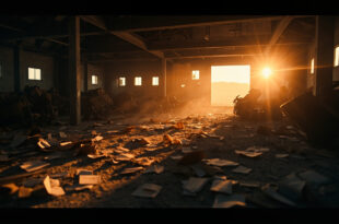 Abandoned military command center with overturned chairs and scattered documents at dusk after a strike