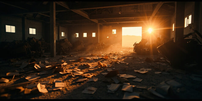Abandoned military command center with overturned chairs and scattered documents at dusk after a strike
