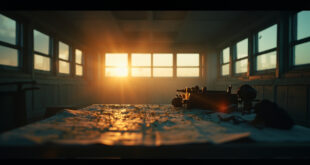 Abandoned military command center at dusk showing vacant strategic planning table with maps and unmanned equipment
