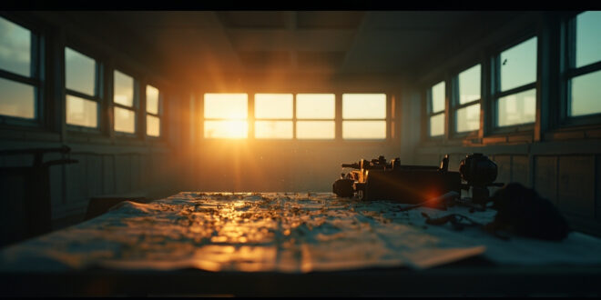 Abandoned military command center at dusk showing vacant strategic planning table with maps and unmanned equipment