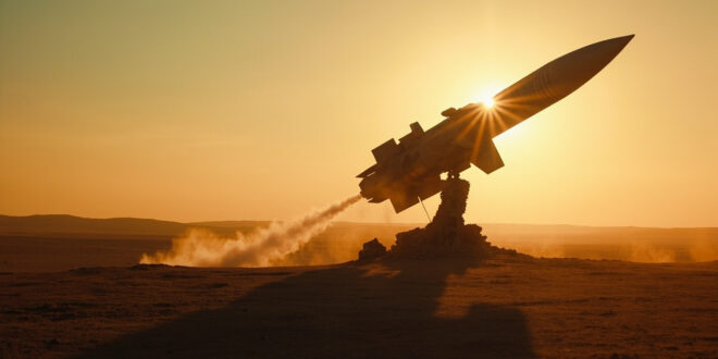Silhouette of abandoned nuclear missile on launch pad at desolate military testing ground at dusk with orange glow