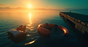 Abandoned life vest and deflated tube floating on calm lake at dusk, empty dock silhouetted against golden sunset